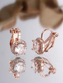 Vanel 1Pair Chic Clip Earrings, Round CZ Center With Clear CZ Halo Design For Daily & Party Wear - Rose Gold-white - View 2