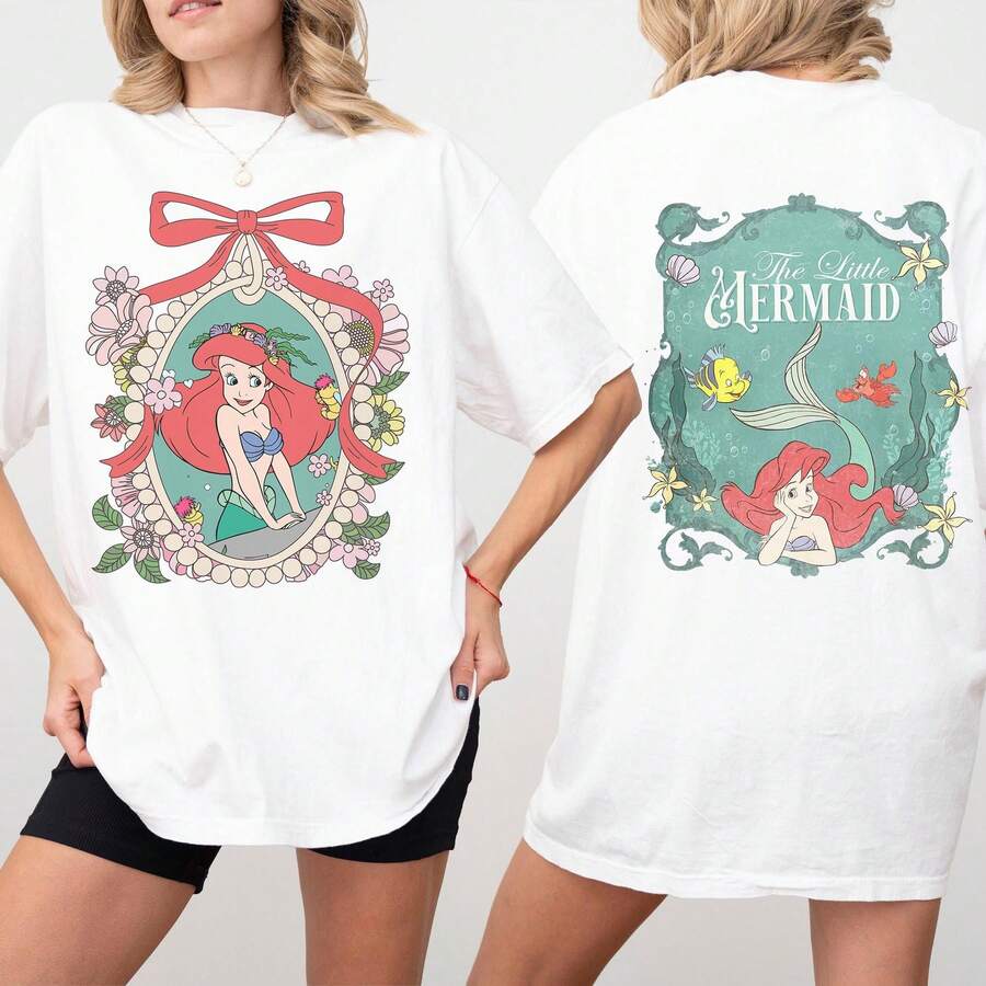 Disney Women's Double-Sided Oversized T-Shirt, Front Bow Frame Ariel & Back Underwater Sebastian Flounder Print, All-Season Casual Outfit - 白色 - 查看 1