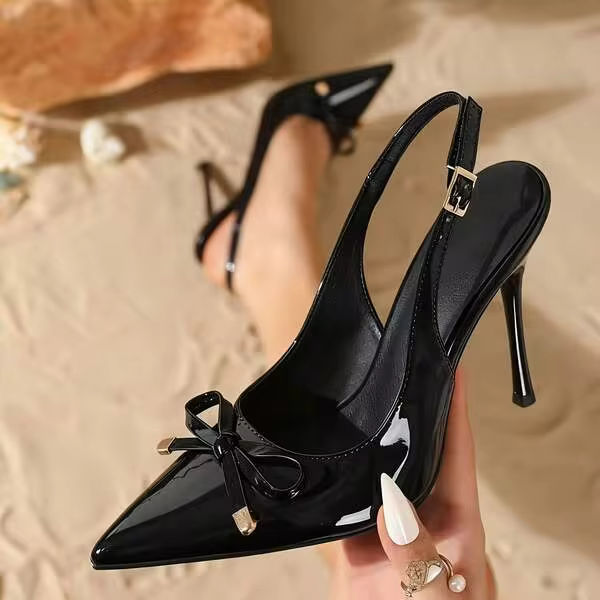 Women Elegant Bow Decor Glossy Patent Leather Fashion High Heels BURGUNDY Heels SummerShoes Summer Break Easter Prom Heels ForChristmasElegant