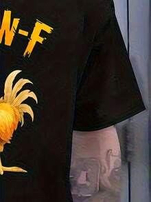 Men's T-Shirt With Funny Rooster Print F-Caw-F - Vintage Black Loose Fit Short Sleeve T-Shirt With Bright Yellow Rooster And F-Caw-F Print, Casual Outdoor Wear, As - 黑色 - 查看 3