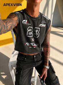 Áo tank top không tay kiểu vintage đã qua xử lý, in số 23 của Chicago, dáng rộng. - màu đen - Xem 2