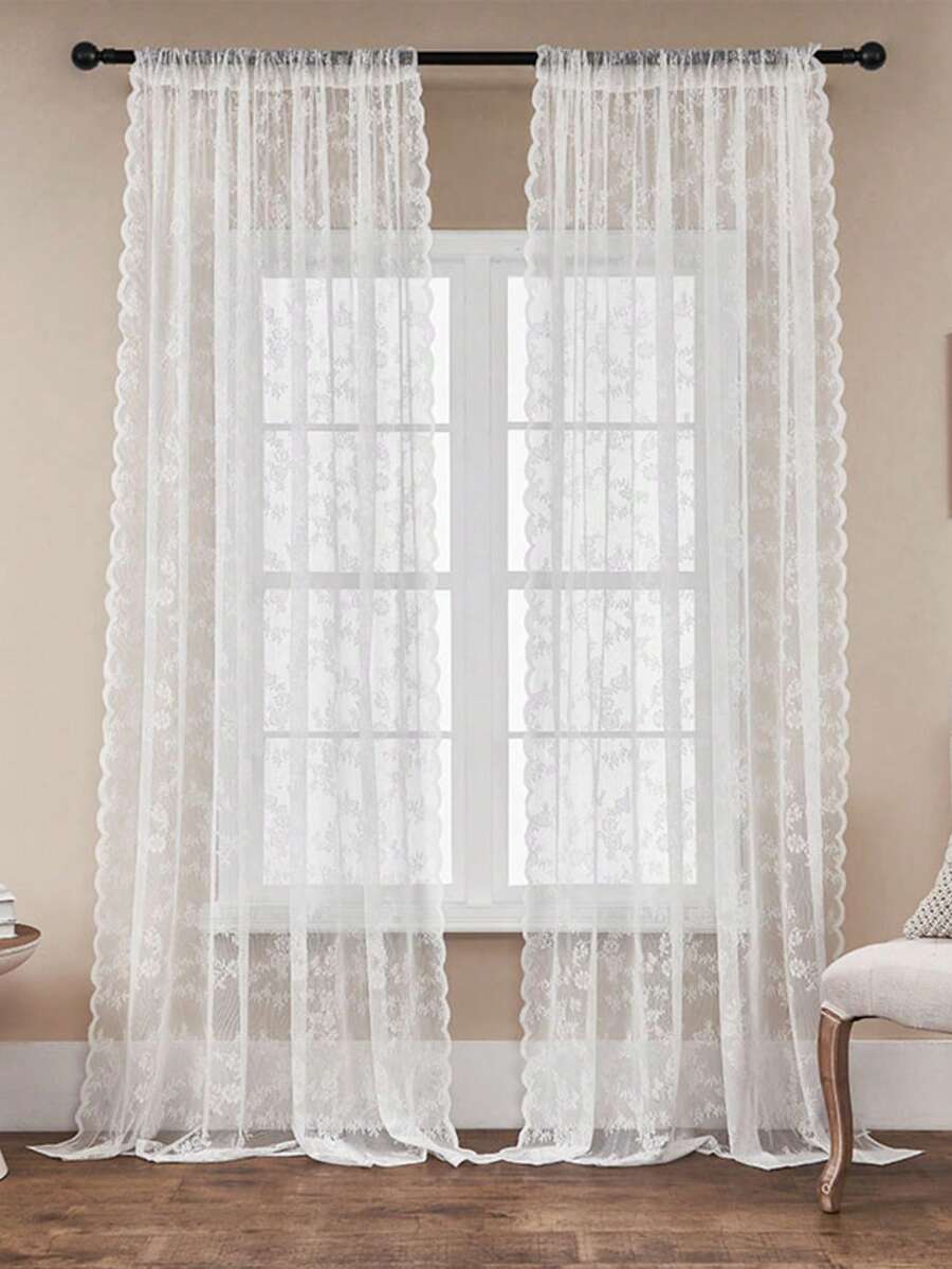 2pcs Transparent Lace Bedroom Curtains, Elegant Victorian Style Scalloped Edge Floral Pattern Curtains; Kitchen Curtains; Semi-Transparent Curtains; Polyester Material, Suitable For Living Room And Dining Room Curtains