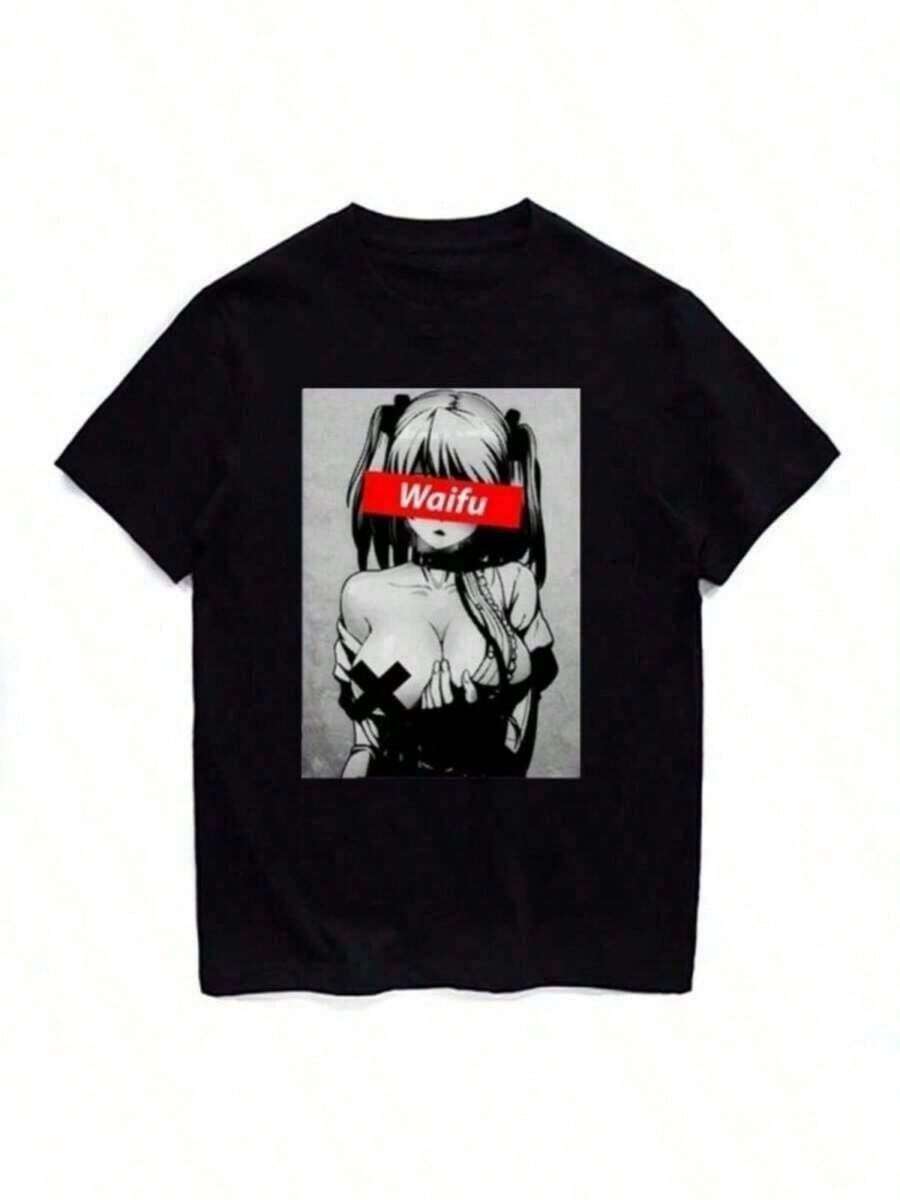 Camiseta de Verano 2025 Yuzhai Obscenes Hentais con Estampado de Dibujos Animados, Estética Urbana, para Hombre, de Algodón, Manga Corta, Estilo Surf - Negro - Ver 1