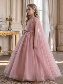 Tween Girl Pink Long Gown Dress With Sheer Cape, Flower Girl Dress For Wedding, Birthday Party - Pink - View 6