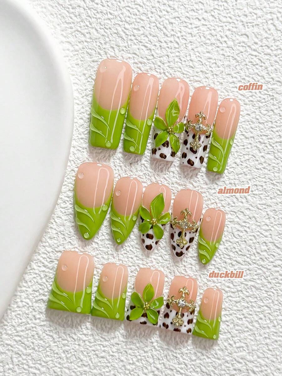 10件裝休閒風手工穿戴甲,Polygel美甲套組,金色十字架、綠色花卉、綠色、白色、棕色指甲油,清新風格,附美甲工具,3種尺寸可選,杏仁形、鴨嘴形、棺材形,適合派對、跳舞、日常配戴 - 彩色 - 查看 1