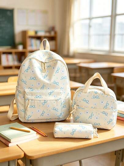3-Piece Set - 3-In-1 Floral And Bow Print Girls Backpack Set, Large Capacity Nylon School Daypack With Lunch Bag And Pencil Case, Multi-Pocket Casual Backpack, Suitable For Students/Graduates/Young People, Perfect For Back To School/Daily/Shopping/Short Trips And Outdoor Leisure Activities