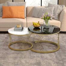 (WF300416AAA) Set Of 2 Modern Nesting Coffee Tables, Marble Veneer, Nesting Style, Round, With Gold Frame. - Black - View 5