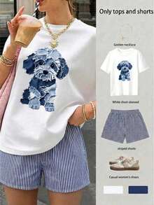 Conjunto de mujer de camiseta y shorts, playera con estampado transfer de perrito caricatura en tonos marrón y beige, diseño con efecto desgastado tipo rasgado y detalles decorativos - Camiseta blanca + pantalones cortos AZUL - Ver 1