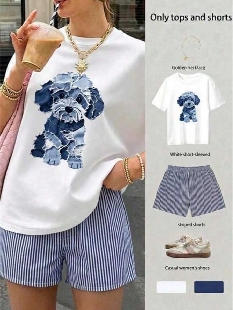 Conjunto de mujer de camiseta y shorts, playera con estampado transfer de perrito caricatura en tonos marrón y beige, diseño con efecto desgastado tipo rasgado y detalles decorativos - Camiseta blanca + pantalones cortos AZUL - Ver 1