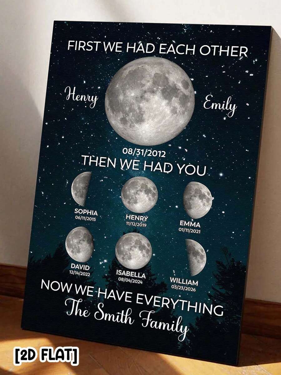 Catygift 客製化深色星空松樹逼真月相畫布藝術,個性化「首先我們擁有彼此,接著我們擁有你」家族姓名與出生日期牆飾,獨特感性聖誕週年禮物,送給媽媽、爸爸與家人 - As Shown - 查看 1