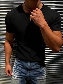 Men's Solid Color Button Half-Placket Casual Versatile T-Shirt - Black - View 3