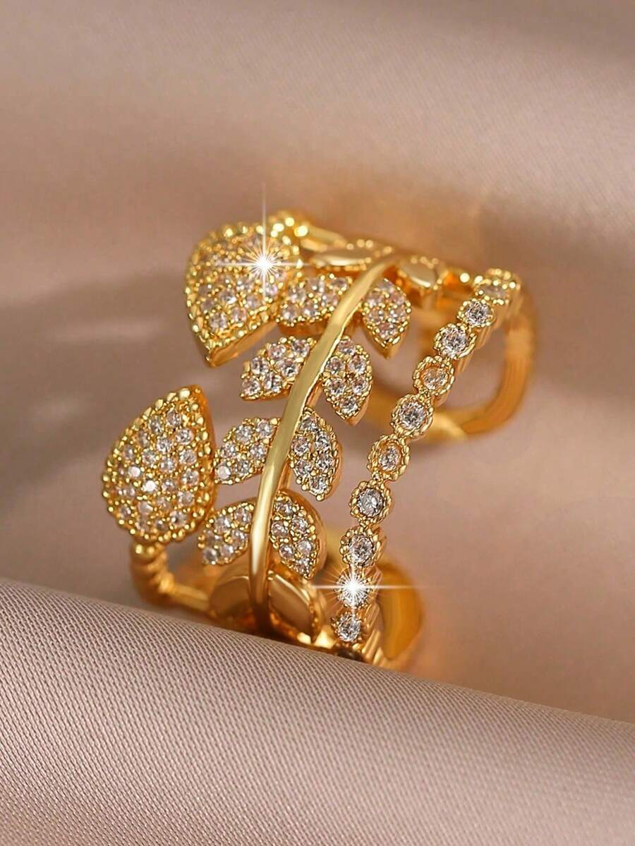 1 chiếc nhẫn hở sang trọng hình lá 3 lớp đính đá Cubic Zirconia, màu vàng, phù hợp cho nữ, quà tặng trang sức cho đám cưới, lễ đính hôn, kỷ niệm, tiệc tùng. - vàng - Xem 1