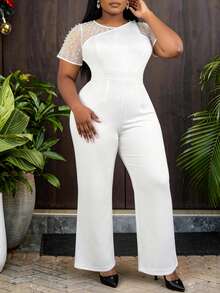 AOMEI Elegant Noble Luxury Plus Size Women White Fitted Jumpsuit Pearl Mesh Round Neck Short Sleeve High Waist Wide Leg Jumpsuit Elegant Party Graduation Wedding Guest Outfit - White - View 7
