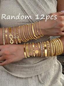 23/12/10/5pcs Multi-Layered Old Money Style Bracelet Set, Geometric Flower Ribbon Heart Butterfly Infinity Symbol Rhinestone Bling Shiny Disc Twisted Wave Bead Starburst Embossed Texture Mesh Chain Elastic Rope Lock Chain Cuban Chain Snake Bone Chain Box Chain Polished Minimalist Metal Style, Fashion Simple Elegant Exquisite Vintage Design For Holiday Vacation Party Date Gift Daily Commute Wear (Randomly Shipped) - Yellow Gold - View 8