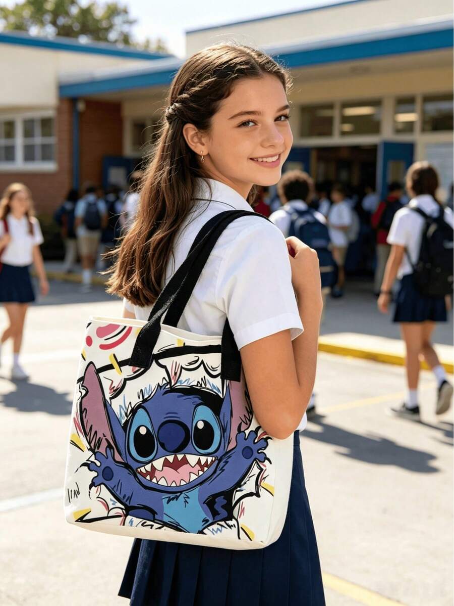 Disney 迪士尼 Lilo & Stitch 印花托特包，大容量帆布肩背包，適合海灘和日常使用，可愛 Lilo & Stitch 卡通托特包，休閒風格 - 黑色 - 查看 1