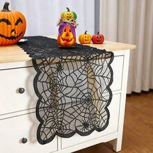 Camino de mesa de Halloween, decoración del hogar de estilo granja y gótico, decoración de mesa para fiesta de Halloween, con borde festoneado y patrón de telaraña de malla transparente, producto de decoración del hogar de temporada para interiores/exteriores - Varios estilos - Ver 6