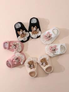 4 pares de calcetines cortos para niña con decoración de conejo lindo, unicolor, suela antideslizante, calcetines tipo barco, versátiles para todas las estaciones - Multicolor - Ver 4