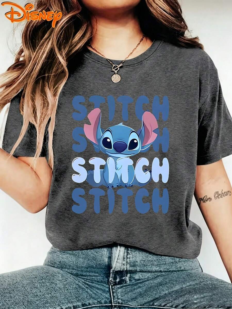 Disney Lilo & Stitch "Stitch" Gradient Text Women's T-Shirt, Casual Crew Neck Tee For Fans, Breathable Cotto - 深灰色 - 查看 1