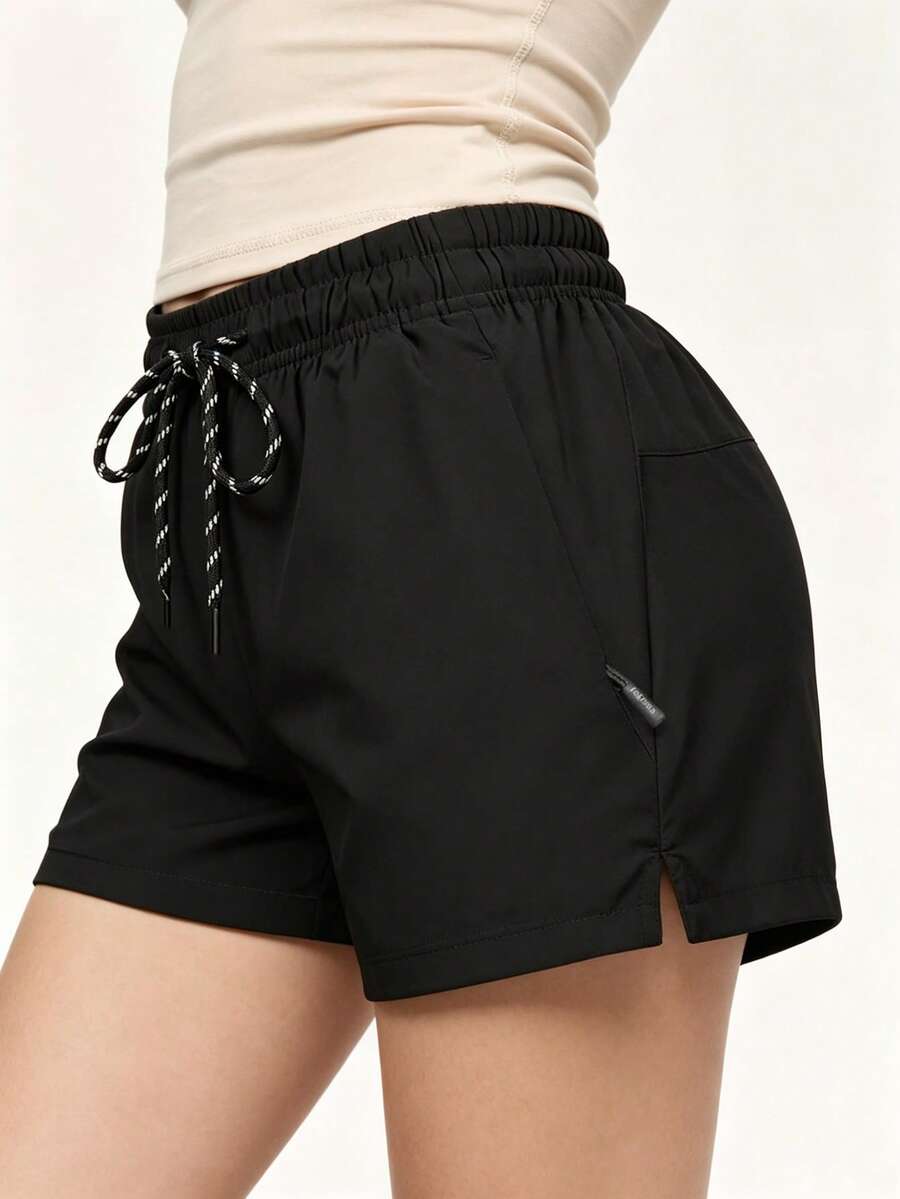 Women's Summer New Sports Shorts, Elastic Waistband With Drawstring, Zipper Pockets Bermuda Shorts Black - Black - View 1