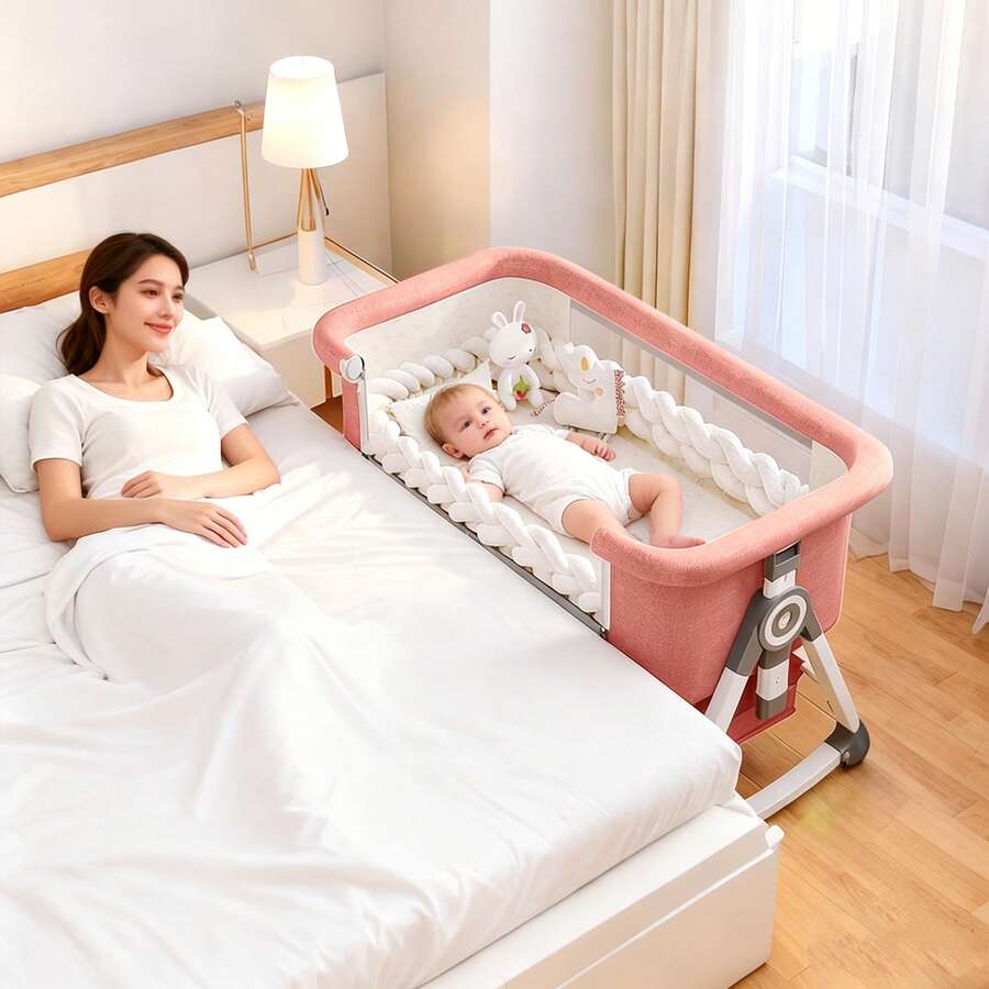 5-In-1 Baby Bassinet Bedside Sleeper, Convertible Crib With Rocking, Wheels, Adjustable Height, Foldable, Mesh, Mattress,Storage Basket & Mosquito Net - 粉色 - 查看 1