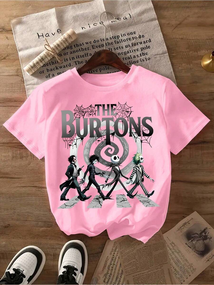 Camiseta estampada de ] Camiseta de manga corta con estampado de calavera estilo gótico de  para mujer, casual, cómoda y versátil, ideal para primavera, verano y otoño - Blanco y Negro - Ver 1