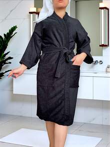 UNISEX BATHROBE, WIDE AND LONG, EXCELLENT ABSORPTION, MICRO-TOWEL FABRIC (COTTON WITH MICROFIBER) - Black - View 11