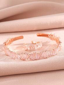 rakol 2pcs Fashion Cubic Zirconia Asymmetrical Square Decor Rose Gold Open Ring & Bracelet Set - Rose Gold - View 2