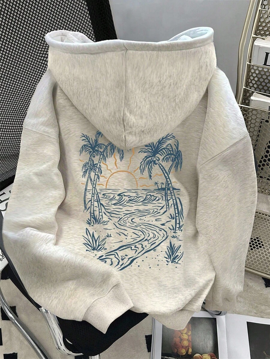 大尺碼女款休閒寬鬆棕櫚樹印花長袖運動衫,秋季度假 - 灰色 - 查看 1