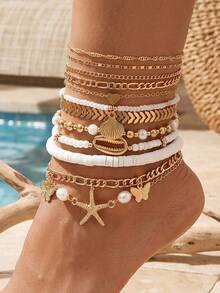 12pcs/7pcs Vintage Elegant Bohemian Style Women's Metal Chain Starfish Shell Butterfly Pendant Pearl Beaded Anklets Suitable For Daily Wear, Party, Gathering And Summer Beach Vacation Travel - Gold - View 2