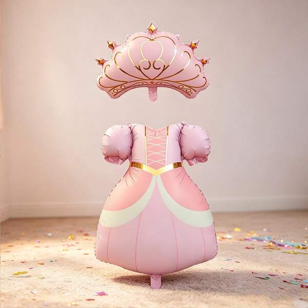 2pcs 28.74/25.19 Inch Princess Dress & Crown Foil Balloons, Pink Princess Gown Crown Aluminum Foil Balloons, Suitable For Princess Theme Party, Girls Birthday Party Decoration, Anniversary Decoration, Home Decor, Atmosphere Decoration, Event Celebration Decoration Balloons