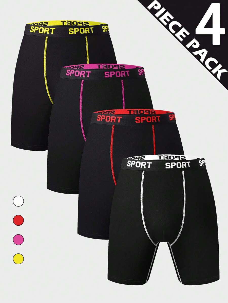 4pcs/Pack Men's Long Leg Black Boxer Briefs, Multi-Color SPORT Letter Waistband Contrast Stitching Detail Daily Underwear Set - Multicolor - View 1
