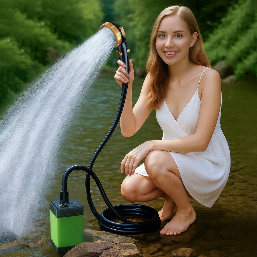 可攜式充電式蓮蓬頭套組，戶外洗澡淋浴泵，數位水溫顯示，3段式增壓蓮蓬頭，超長電池續航力