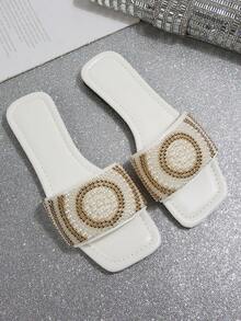 Sandalias planas de lujo para mujer Primavera/Otoño 2024, tacón bajo antideslizante, talla grande, con strass, chanclas versátiles - Blanco - Ver 6
