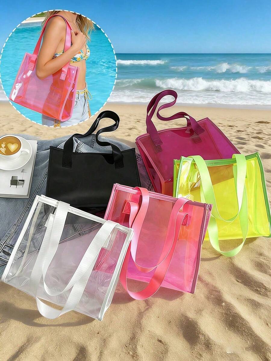 Colorful Shoulder Bag Tote, Transparent Laser Tote Bag, Fashion PVC Transparent Bag, Large Capacity Beach Tote Bag, Laser Shoulder Tote Bag, Reusable Transparent Shopping Bag, Portable Travel And Beach Bag, Perfect For Beach, Travel, Vacation, Swimming, Fitness, Cruise Vacation, Shopping, Commuting - Multicolor - View 1