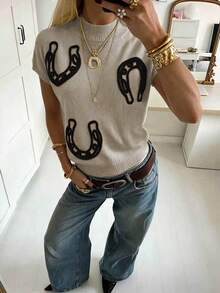 Women's Spring/Autumn Casual High Neck Embroidered Detail Sleeveless Knit Top Vest, Suitable For Daily Wear, Casual And Elegant Summer - Khaki - View 2