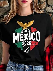 Women's White Mexico 2026 T-Shirt With Golden Eagle And Ball, Short Sleeve Aesthetic Soccer Fan Shirt, Retro Mexican Pride Modern Top, Fashionable Casual Blouse 2026 - 黑色 - 查看 1