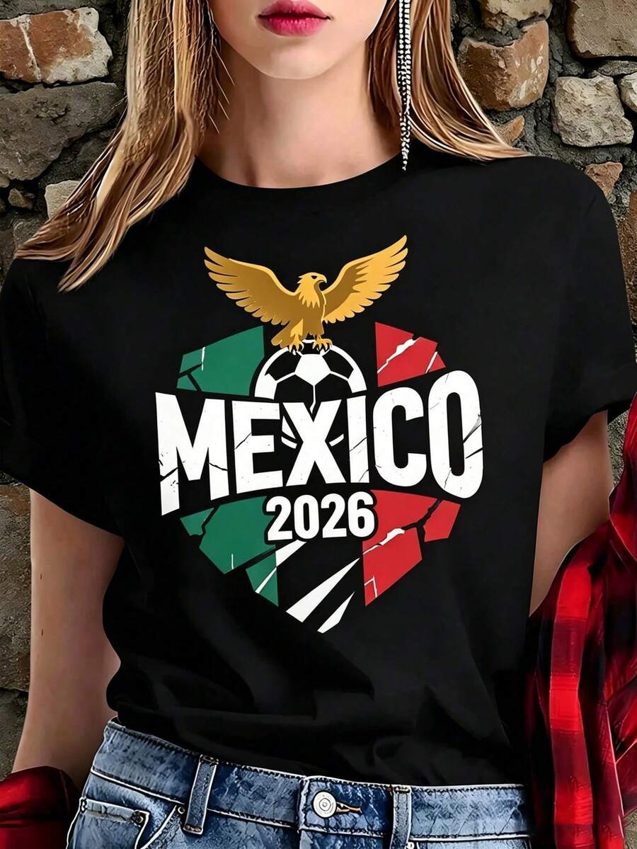 Women's White Mexico 2026 T-Shirt With Golden Eagle And Ball, Short Sleeve Aesthetic Soccer Fan Shirt, Retro Mexican Pride Modern Top, Fashionable Casual Blouse 2026 - 黑色 - 查看 1