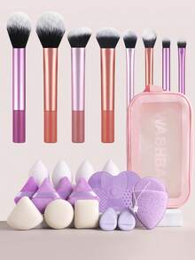 ronshadow 28pcs Makeup Tool Set, 8pcs Long Handle Makeup Brushes With Triangle Powder Puff, Makeup Sponge, Silicone Brush Cleaning Pad, Portable Storage Bag, Loose Powder Brush, Angled Blush Brush, Flat Foundation Brush, Eyeshadow Detail Brush, Complete Makeup Tool Kit - Multicolor - View 1
