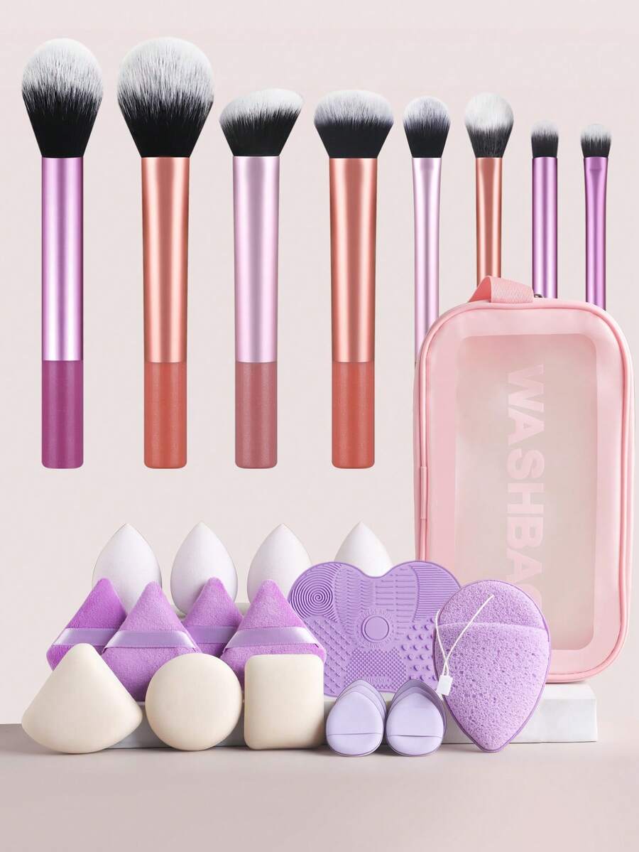 ronshadow 28pcs Makeup Tool Set, 8pcs Long Handle Makeup Brushes With Triangle Powder Puff, Makeup Sponge, Silicone Brush Cleaning Pad, Portable Storage Bag, Loose Powder Brush, Angled Blush Brush, Flat Foundation Brush, Eyeshadow Detail Brush, Complete Makeup Tool Kit - Multicolor - View 1