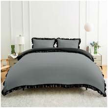 VELVETIO Luxury Kendrick Frill Duvet Cover Set Reversible Bedding Set Soft Smooth Lightweight Microfiber Polyester With Matching Pillow Cases Elegant Ruffle Edge Plain Design Single Double King - Charcoal/Black - View 2