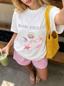 女款圓領寬鬆貝殼海星印花 MIAMI VIBES 圖案 T-shirt 夏季休閒海灘短袖上衣 - 白色 - 查看 2