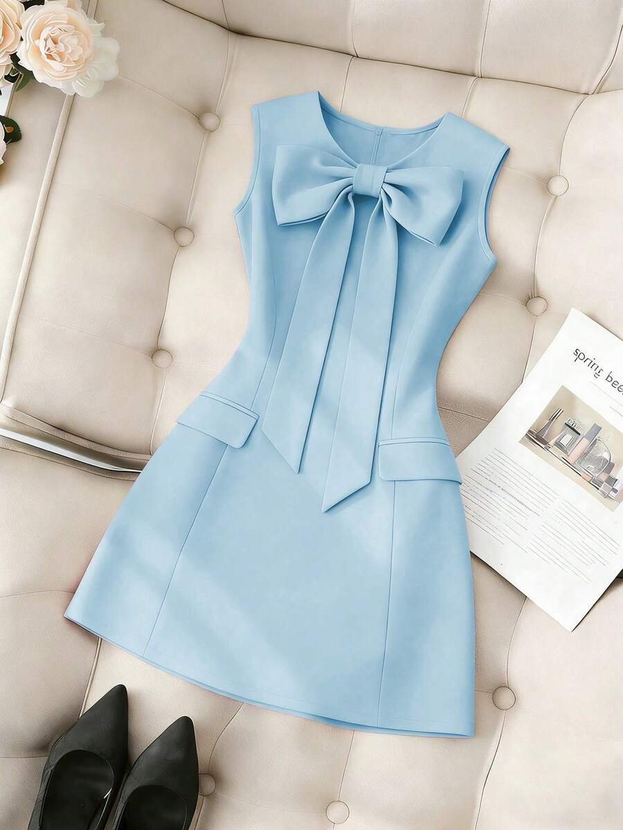 Women's Solid Color Dress, Round Neck, Fitted, With Front Bow And Sleeveless - Khaki - View 1