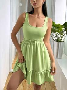 Vestido tipo chaleco de color sólido con diseño empalmado para mujer - Amarillo verdoso - Ver 4