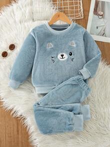 Boys' Casual Fashion Embroidered Cartoon Pattern Crew Neck Long Sleeve Top And Long Pants 2-Piece Set Double-Sided Flannel Autumn/Winter - Blue - View 1