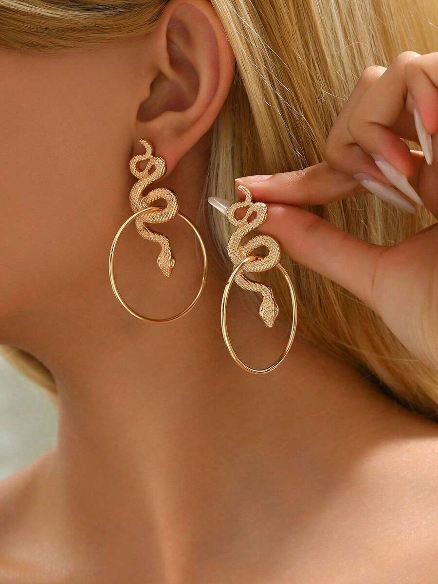 Unisex Minimalist Geometric Snake Stud Earrings - Yellow Gold - View 1