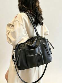 Large Capacity High-End New Style One Shoulder Crossbody Bag, Vintage Versatile Tote Bag, Medieval Motorcycle Style - Black - View 5