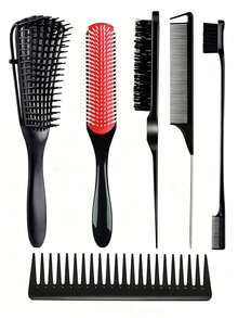 Juego de 6 peines para el cabello, incluye peine de dientes anchos, peine de pulpo, peine de masaje, peine de cardado, peine de cola, peine para bordes y cabello posterior, peine de sección y peinado, peine de salón para rizos, peine desenredante, adecuado para todo tipo de cabello - Negro - Ver 1
