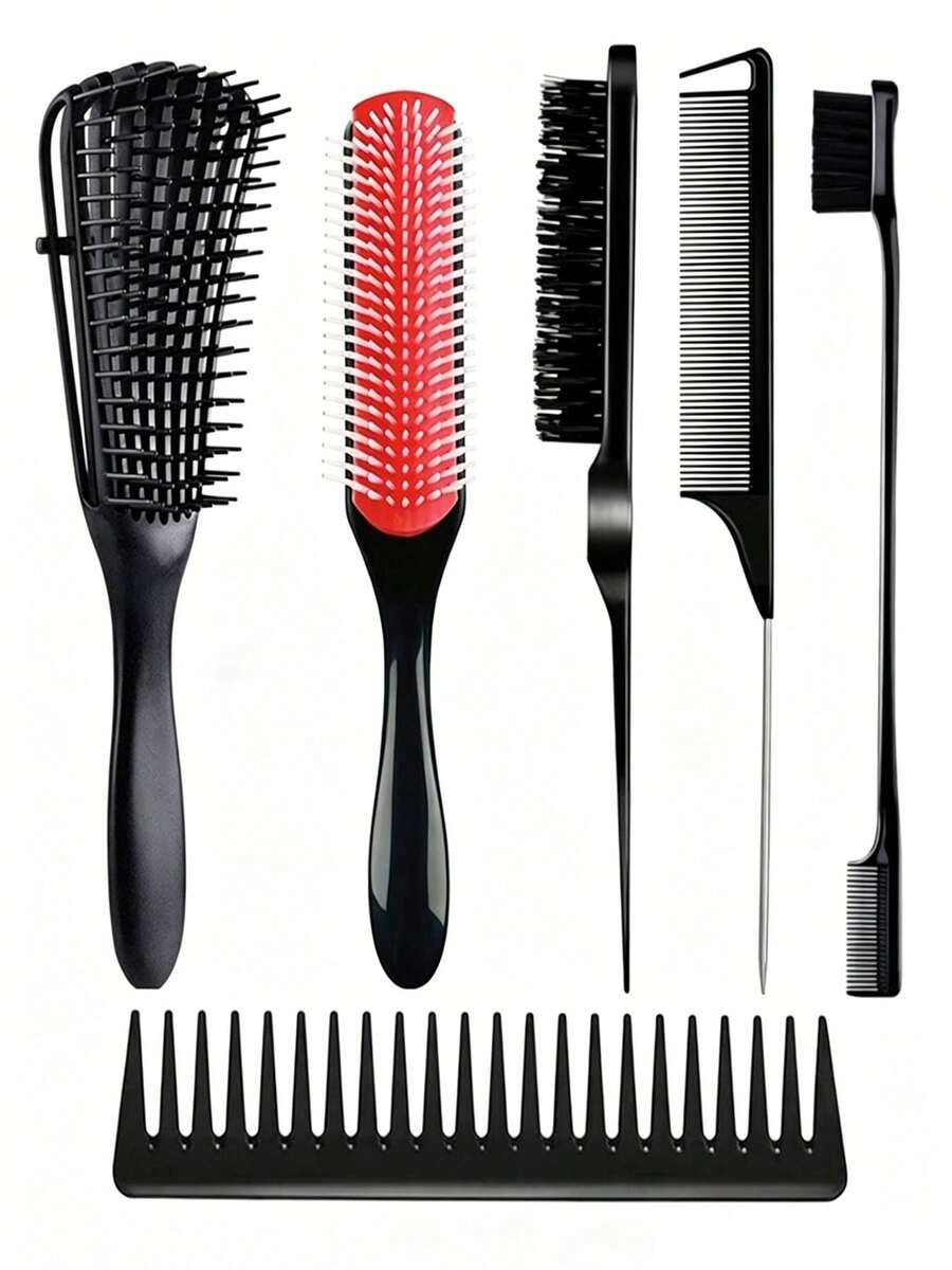 Juego de 6 peines para el cabello, incluye peine de dientes anchos, peine de pulpo, peine de masaje, peine de cardado, peine de cola, peine para bordes y cabello posterior, peine de sección y peinado, peine de salón para rizos, peine desenredante, adecuado para todo tipo de cabello - Negro - Ver 1