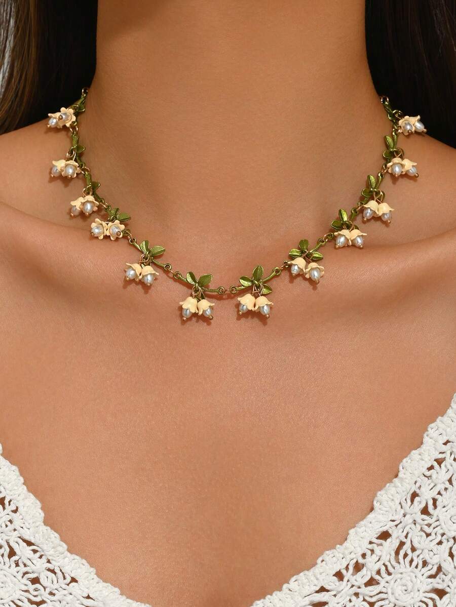 1pc Bohemian Lily Of The Valley Pendant Necklace For Women, Suitable For Daily, Casual, Beach Vacation Wear, Women's Summer Jewelry Gift - White - View 1