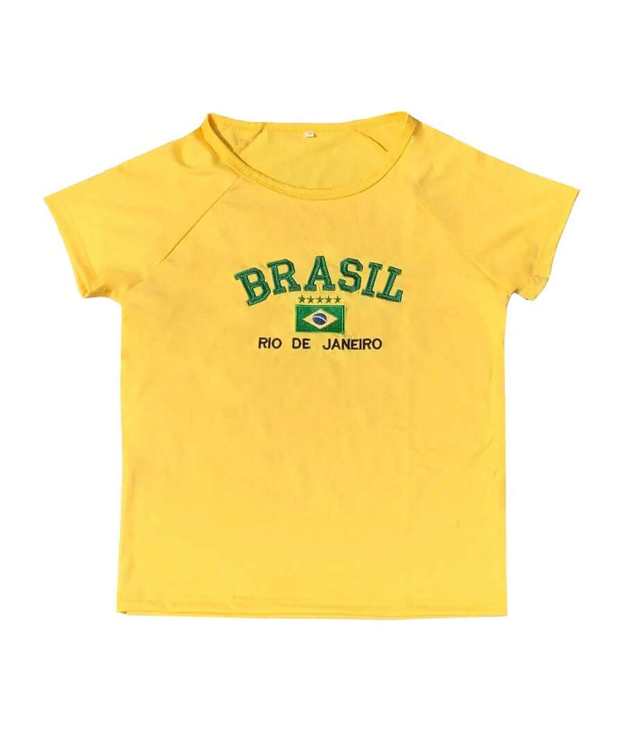 Retro Street Style Baby T-Shirt, Brazil Green Letter Print Crop Tops For Women, Slim-Fit Short Sleeve Casual Wear Y2k 2024 - nz1068- - 查看 1